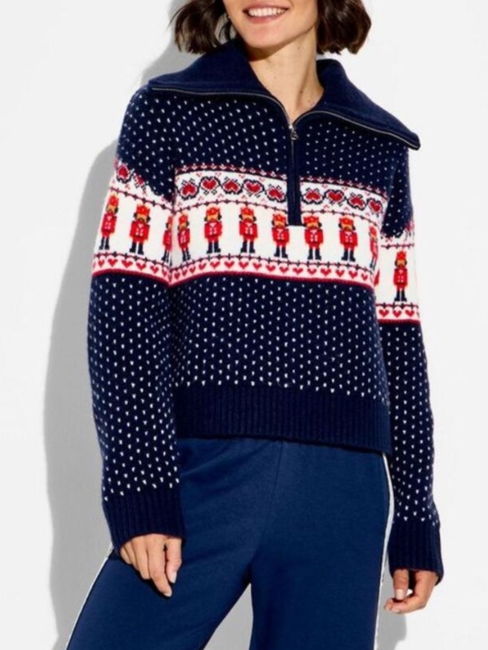 Navy Blue, White & Red Soft Nutcracker Christmas Winter Quarter Zip Sweater SM
